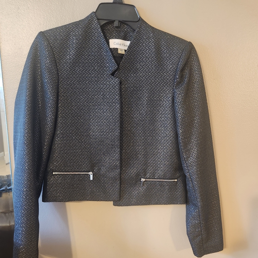 Calvin Klien Suit, Jacket and Skirt, Black with Shiny Silver, Textured Fabric, 6